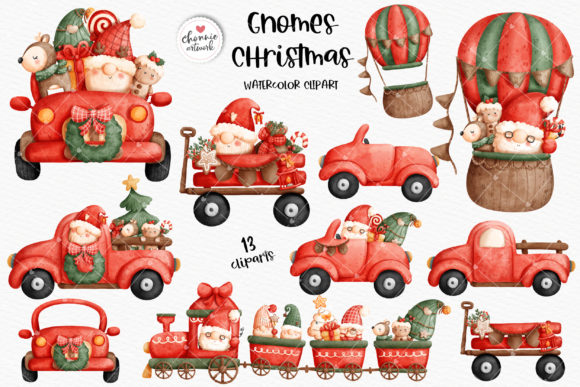 Christmas Gnome Car Clipart, Balloon Illustrations