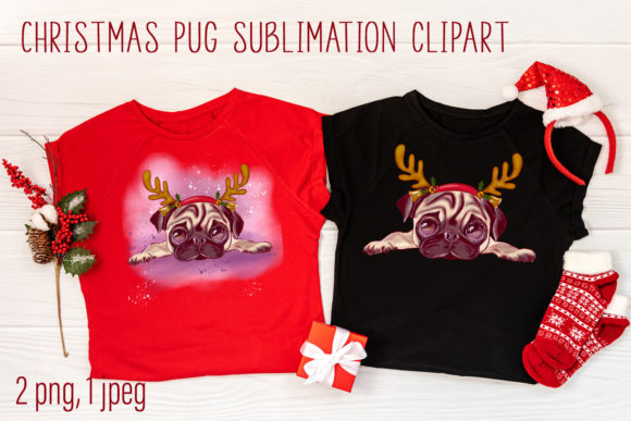 Christmas Pug with Horns Sublimation Illustrations