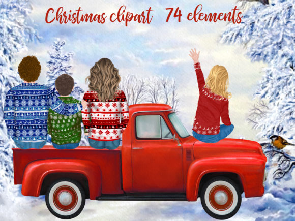 Christmas Red Truck Clipart Family Png for Illustrations