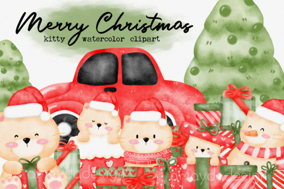Kitty Cat Christmas Watercolor Clipart for Illustrations