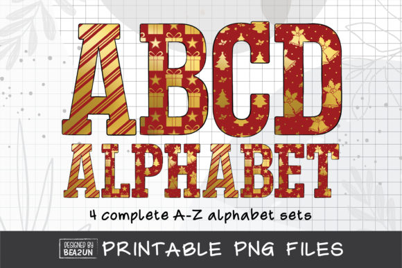 Red Gold Christmas Alphabet Sublimation for Illustrations