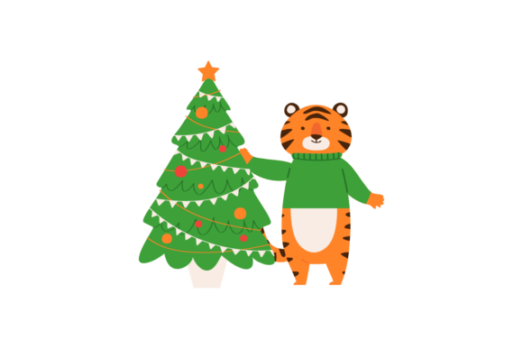 Tree Christmas Tiger Animal Decoration Illustrations