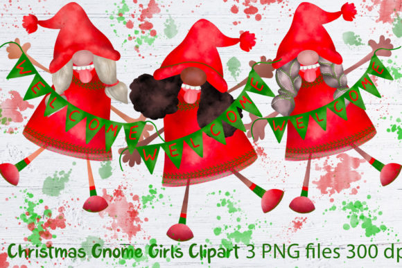 Welcome Christmas Gnome Girls Clipart Illustrations